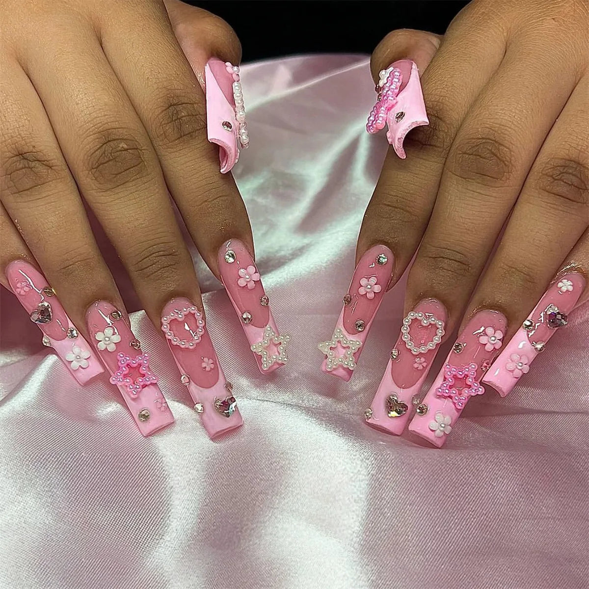 Aiertu 24Pcs Long Ballet False Nails with Bow Designs Pink Coffin Press on Nails Wearable French Fake Nail Full Cover Manicure Tips Aiertu