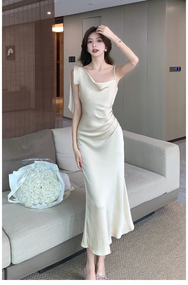 Aiertu Spaghetti Strap Women Fashion Satin Midi Dress Sleeveless Casual Solid Chic Bodycon Slim Party Dresses Female Vestidos New Aiertu