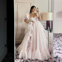 Aiertu Princess Prom Dresses Cap Sleeves Organza Long Prom Gowns Cap Sleeves Ruched Special Occasion Dress A-Line Party Dress Aiertu