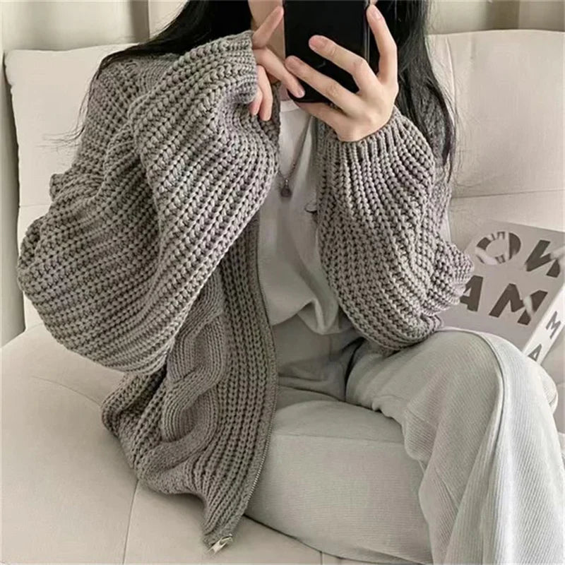 Aiertu FALL OUTFITS Chic Zipper Up Knitted Cardigan Women Autumn Winter Solid Color Twisted Sweater Woman Wild Long Sleeve Jumper Coats Mujer Aiertu