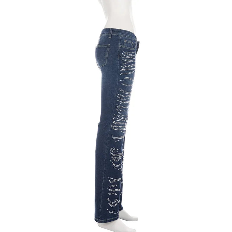 AIERTU  -  Women's Low Waist Flare Jeans Rhinestone Wave Pattern Bootcut Denim Pants Y2K Vintage Slim Fit Bell Trousers Streetwear Outfit Aiertu