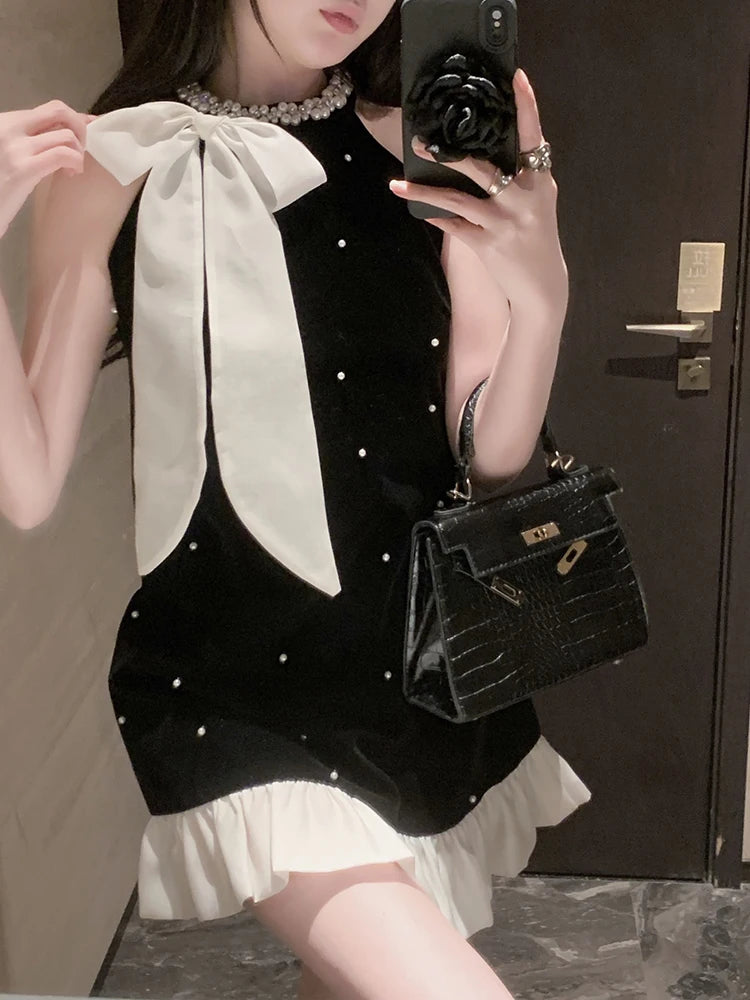 Elegant Dresses Women Sweet Fashion Bow Halter Beaded Vintage French Style Chic Sexy Mini Dress Patchwork Female Aiertu