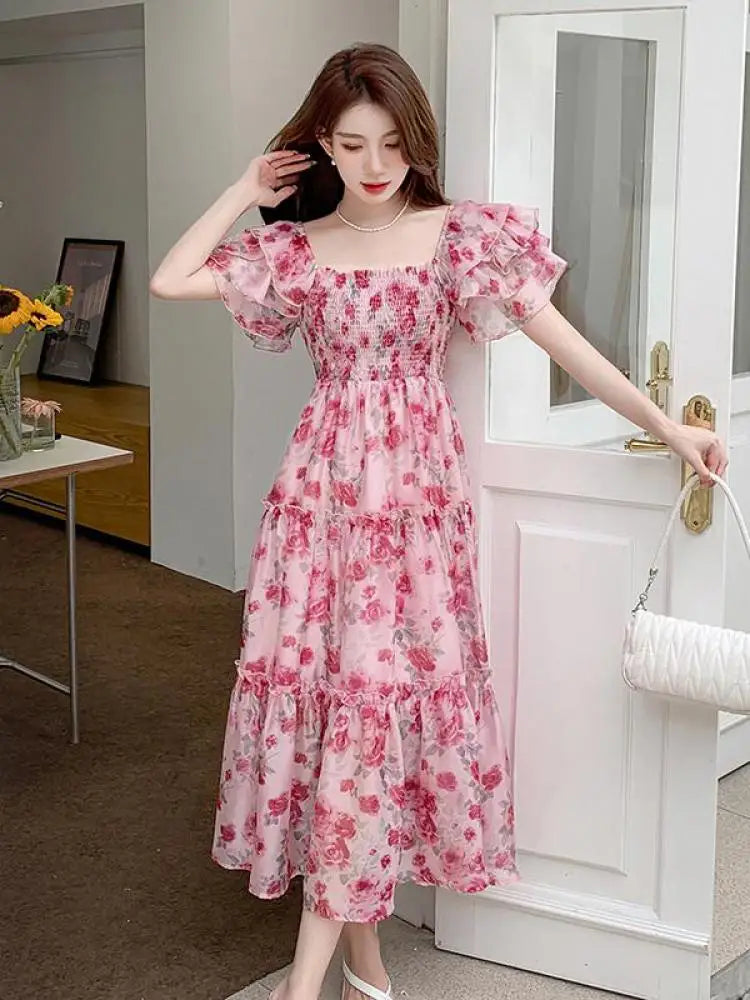 Aiertu Summer New Square Collar Pleated Long Dress French Style Butterfly Sleeve Elegant Sweet Print Dress Female Fashion Night Party Aiertu