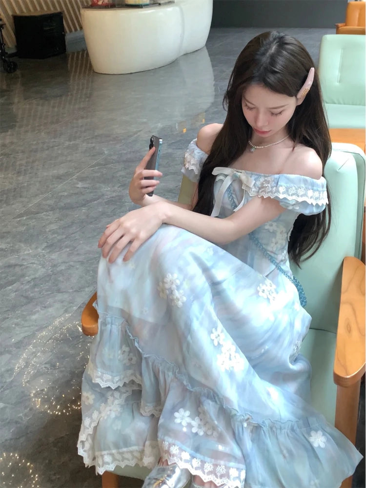 Aiertu Kawaii Japanese dress lolita y2k Sweet Blue Floral Dress Women Casual Evening Party One Piece Dress Korean Fashion Summer 2024 Aiertu