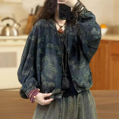 AIERTU  -  Spring Vintage Jacquard Denim Jacket For Women Loose Casual Short Button Down Jean Coat Long Sleeve Versatile Retro Jacket Aiertu