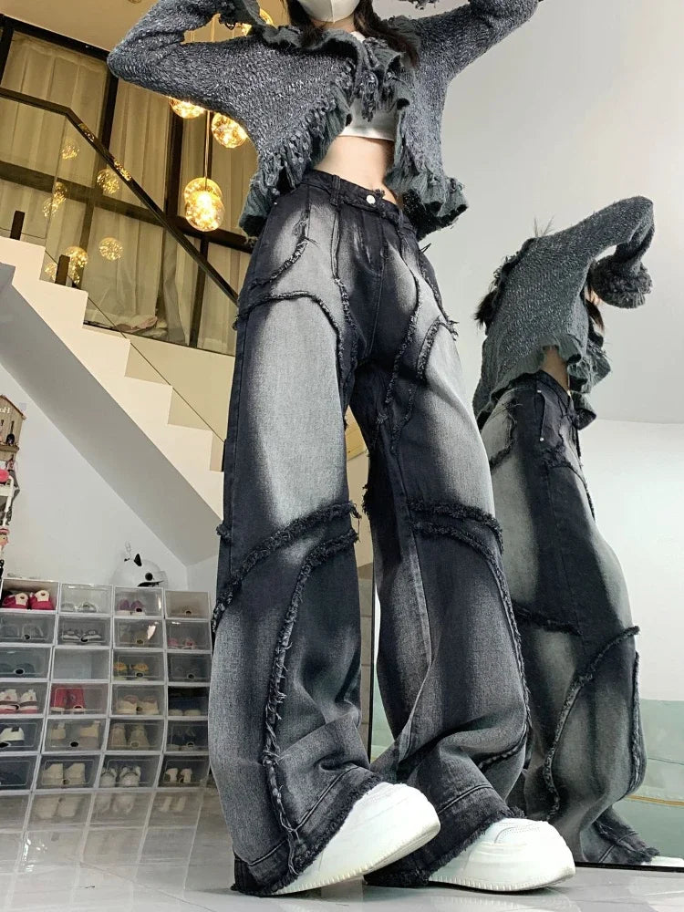 Aiertu Y2k Baggy Jeans Women Vintage Streetwear Hip-hop  Harajuku Design Wide Leg Denim Pants 2024 Spring Fashion Aiertu