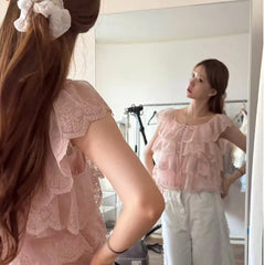 AIERTU  -  Korean Style Chic Fashion Summer Anti-Aging Lace Patterned Women's Shirt with Ruffle Sleeves Short Sleeve Versatile Fit Aiertu