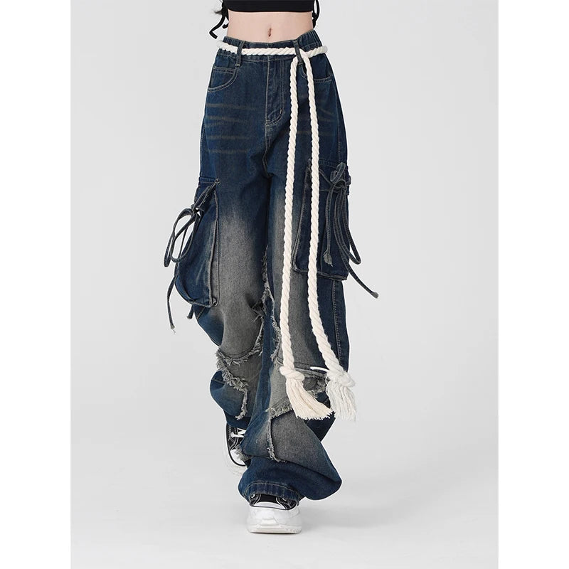 Aiertu American Retro Stars Tassels High Waist Straight Jeans Pants Women's Casual Baggy Y2K Wide Leg Grunge Streetwear Denim Trouser Aiertu