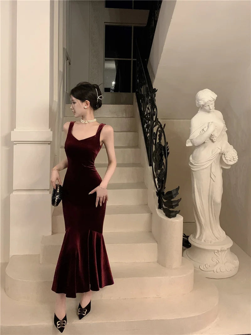 AIERTU  -  French Style Vintage Wine Red Camisole Long Dress Elegant Women Spring Autumn Solid Slim Mermaid Ladies Evening Party Robe New Aiertu