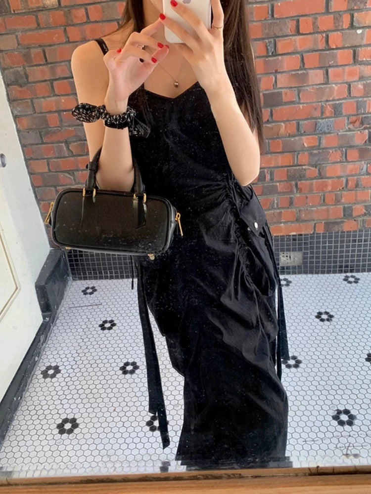 Aiertu Korean Fashion New Summer Dress Women Pleated Design Large Pockets Waisted Midi Dress Female Sleeveless Solid Black Long Dresses Aiertu