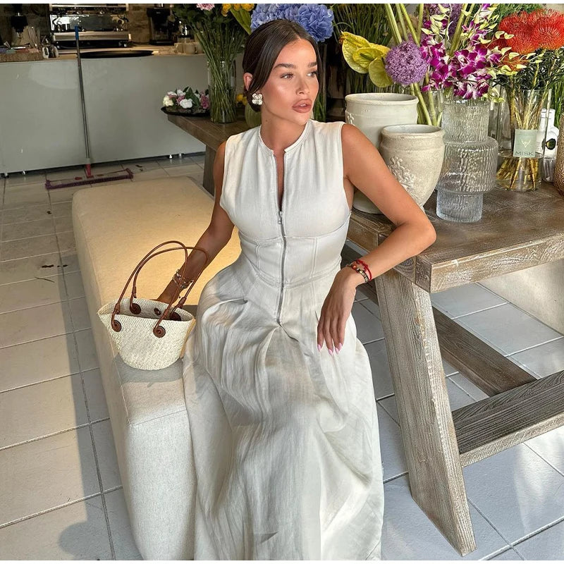 Aiertu Elegant Solid Sleeveless Women Maxi Dress Fashion V-neck Zipper Slim Cotton Linen Dresses 2024 Summer Office Lady Commuting Robe Aiertu
