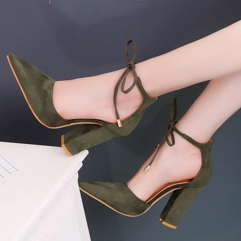 Autumn New Pointed Thick Heel Strap High Heel Shoes Elegant Fashion Solid Color Party High Heel Sandals Shoes for Women Aiertu