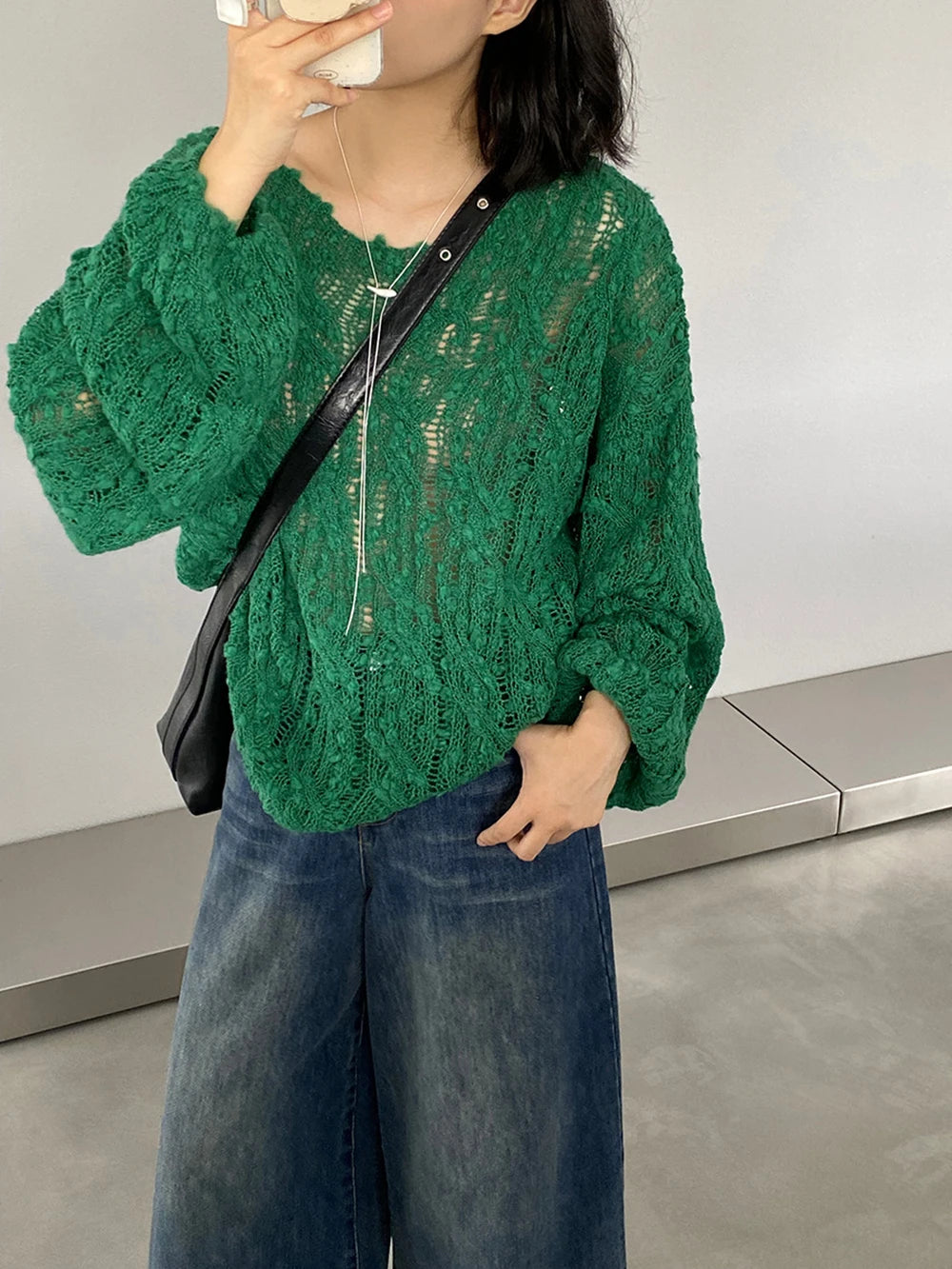 AIERTU  -  Loose Knitted Hollow Out Sweater Women's Lazy Style Solid Color Lantern Sleeve Pullover Knitwear Female Autumn Winter Tops Aiertu