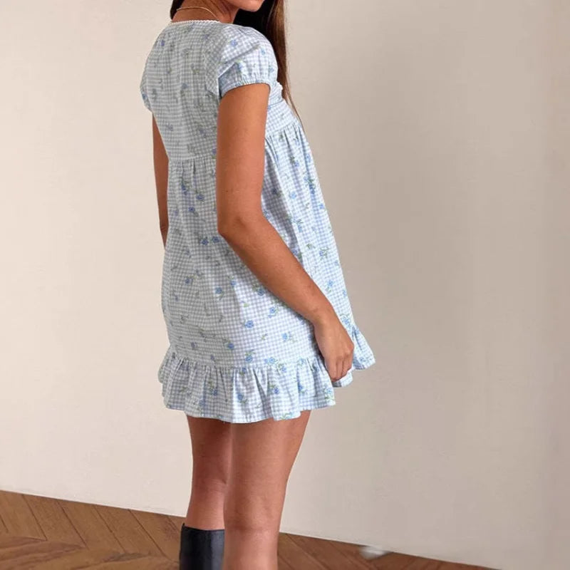 AIERTU  -  Summer Fashion Floral Print Puff Sleeves Square Collar Casual Dress for Women Aiertu
