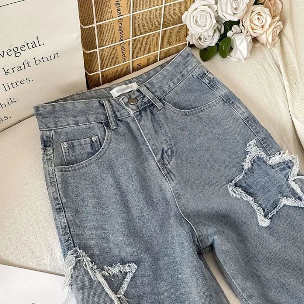 Aiertu Denim Popular Ins Fashion Korean With Star Spring Autumn New High Waist Straight Leg Loose Fitting Jeans Aiertu