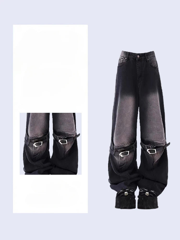 Aiertu 2024 Vintage High Waist Street Style Belted Straight Jeans Gothic Pants Fashion Women's Wide Leg Punk Baggy Y2K Denim Trouser Aiertu