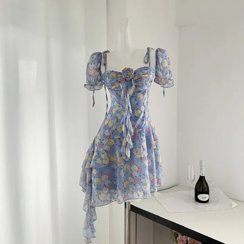 Aiertu Summer Floral Y2k Mini Dress Holiday Beach Irregular Chiffon Dress Casual Korean Fashion Short Party Dress Elegant Clothing Aiertu