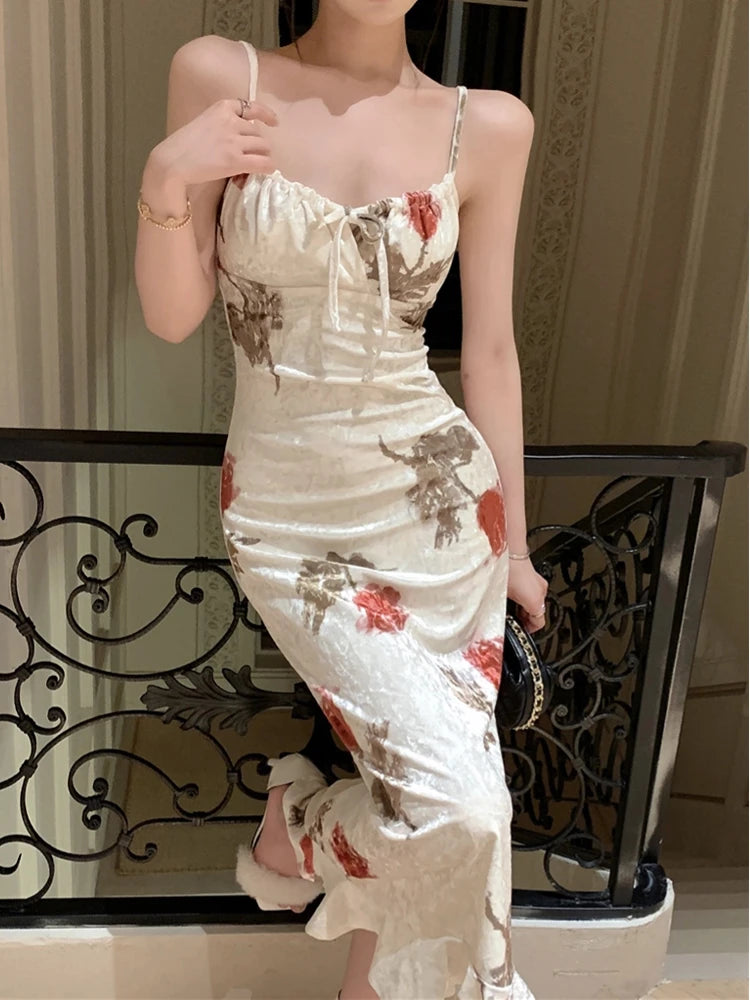 Aiertu Spring Summer Fashion Elegant Floral Print Women Dress Spaghetti Strap Vintage Slim Bodycon Casual Robe Female Party Vestidos Aiertu