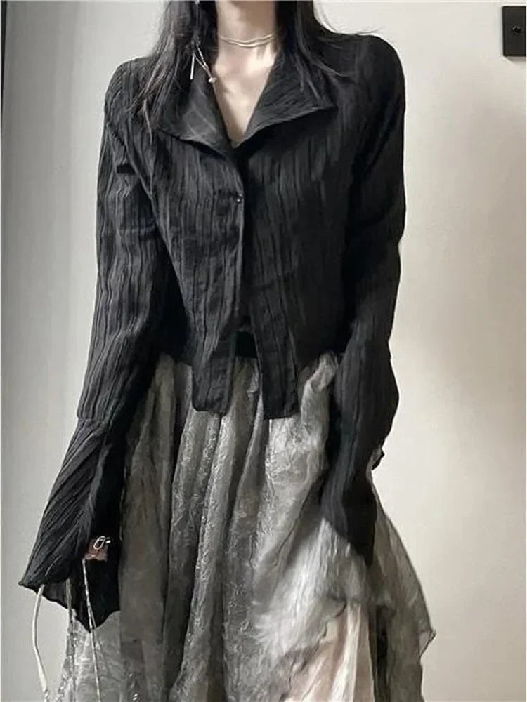 Aiertu Vintage Y2k Blouse Women Black Harjauku Gothic Shirt Pleated Button Up Korean Dark Tight Long Sleeve Aesthetic Female Aiertu