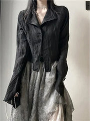 Aiertu Vintage Y2k Blouse Women Black Harjauku Gothic Shirt Pleated Button Up Korean Dark Tight Long Sleeve Aesthetic Female Aiertu