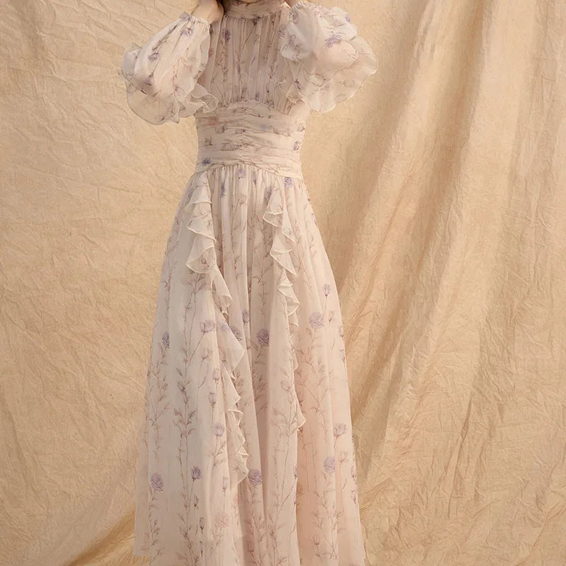 AIERTU  -  Women Long Sleeved Dress A-line Floral Print Pattern Pleated Semi High Neck Elastic Bubble Sleeves Ruffle Edge Design Long Dress Aiertu