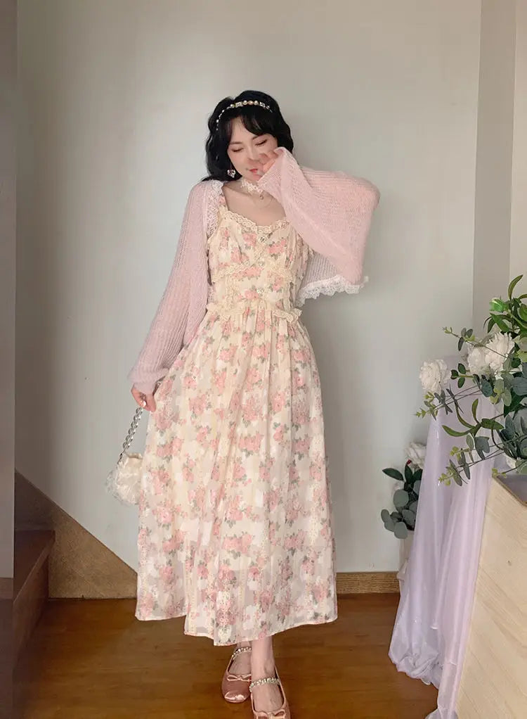 Aiertu Chiffon Lace Strap Dress Women Floral Embroidery Fairy Vintage Long Dress Female Sweet Princess Casual Party Dresses Summer Aiertu