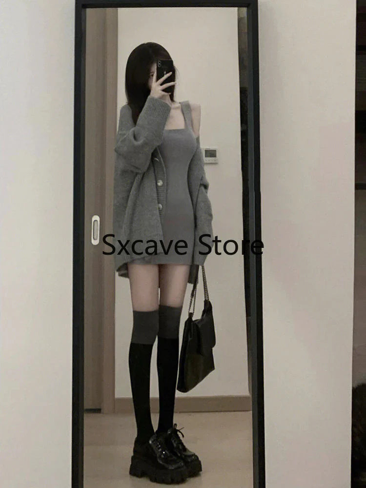 Aiertu Gray 2 Piece Dress Set Women Casual Long Sleeve Cardigan + Bodycon Strap Sweater Dress Evening Party Knitted Suit Aiertu