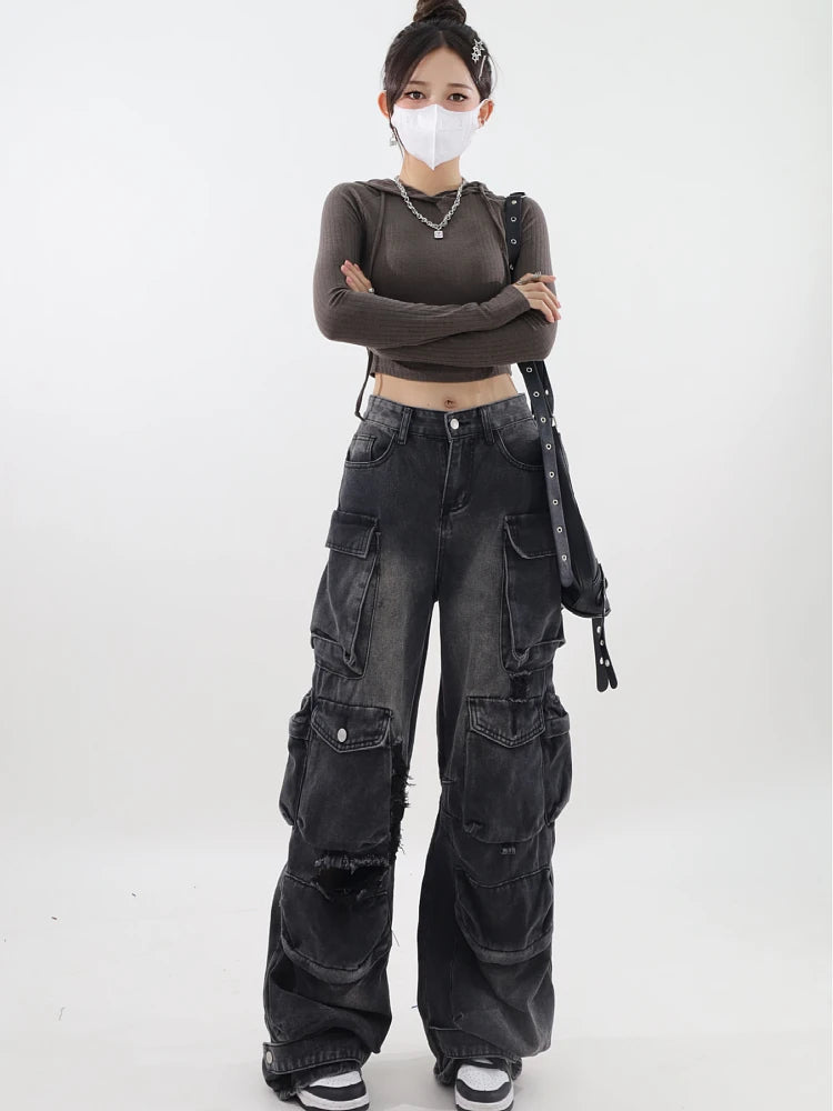 Aiertu Women's Black Gothic Baggy Cargo Jeans Vintage Emo 2000s Y2k Harajuku Denim Trouser Korean 90s High Waist Cowboy Pants Clothes Aiertu