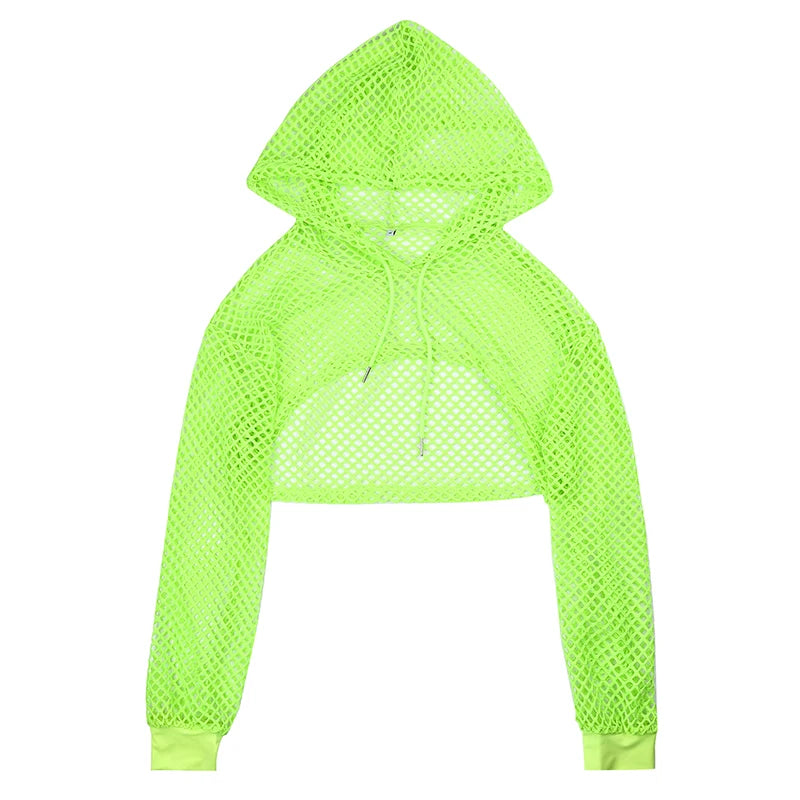 Aiertu  Street Style Fishnet Holes T Shirt See Through Hollow Out Hooded Full Sleeve Crop Top Women Casual Loose Shirt Smock Fall Aiertu
