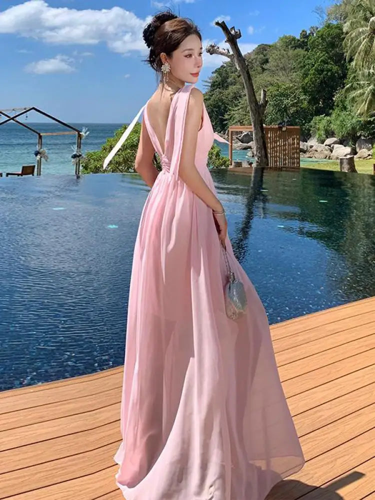 Aiertu Pink High Waist Women Temperament Backless Pleated Vest Dress Summer 2024 New Ladies V-neck Sleeveless Elegant Long Dresses Robe Aiertu