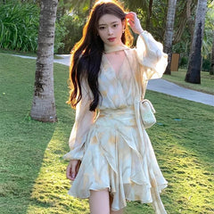Aiertu 2024 New Holiday Dress Women Summer Long Sleeve V-Neck Bubble Sleeve Chiffon Beach Printed Dress Irregular Fairy Dress Boho Aiertu