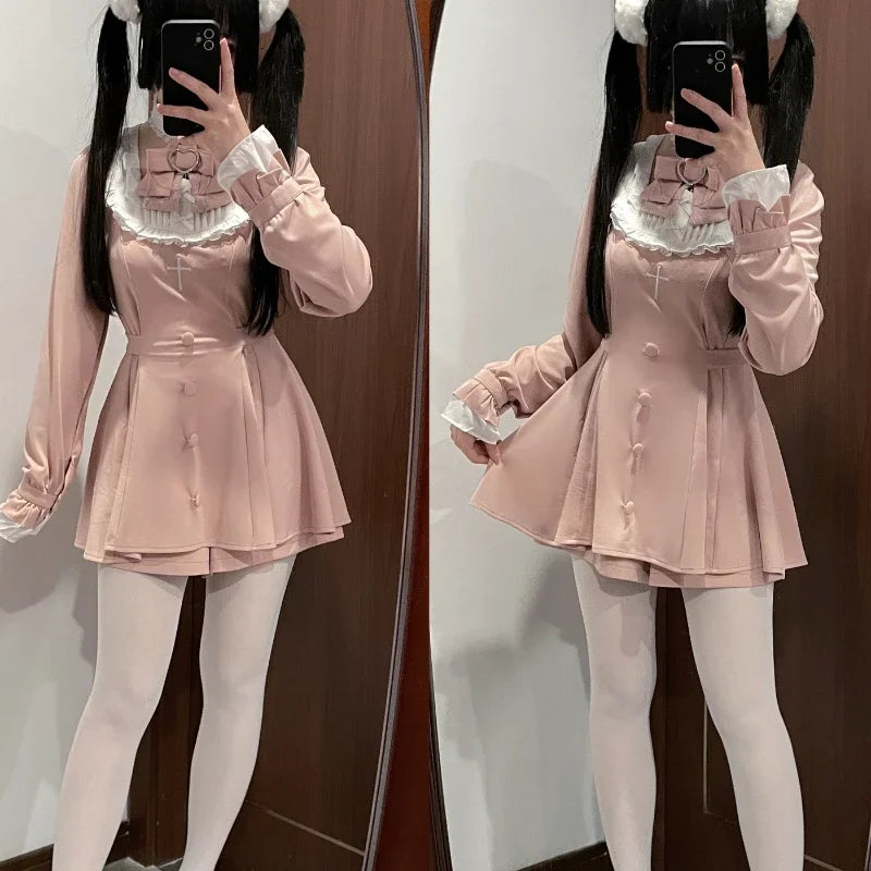 Japanese Punk Style Y2k Lolita OP Dress Women Vintage Elegant Ruffle Bow Lace Evening Party Dresses Female High Waist Slim Dress Aiertu