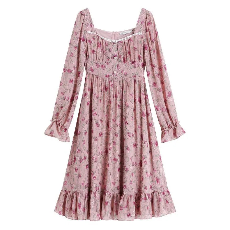 AIERTU  -  Spring clothes, new French retro square collar, long chiffon and rose stem, orange floral dress Aiertu