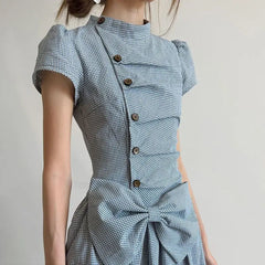 AIERTU  -  Retro Plaid Mid-neck Dress Women's Summer Short-sleeved Waist Big Bow Long Dress Aiertu