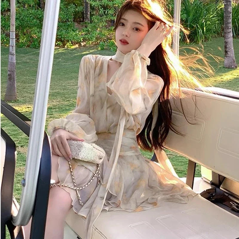 Aiertu 2024 New Holiday Dress Women Summer Long Sleeve V-Neck Bubble Sleeve Chiffon Beach Printed Dress Irregular Fairy Dress Boho Aiertu