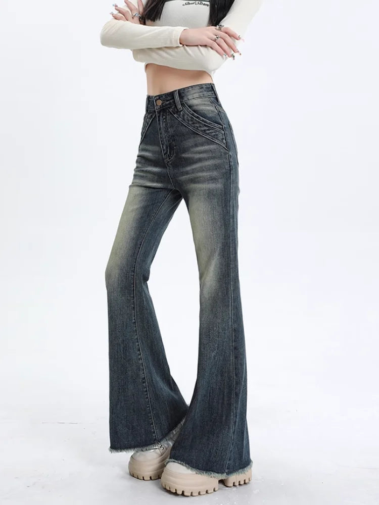 Aiertu Blue High Waist Skinny Pants Jeans Women Autumn High Street Slimming Trumpet Denim Pants Retro Extended Version Horseshoe Pants aiertu