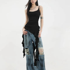 Aiertu Sexy Tank Top Asymmetrical Black Y2k Women Ruffle Grunge Backless Coquette Fashion Streetwear Tops Solid Aesthetics Aiertu