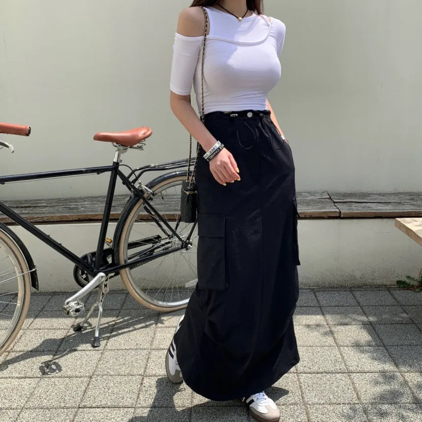 AIERTU  -  Fashionable Korean Style Pure Color Drawstring Work Skirt High Waist H-Shape Loose Fit Commute Style Ladies Skirt Aiertu
