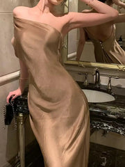 AIERTU  -  Summer French High End Fashion Evening Dress Women Sleeveless Asymmetric Collar Satin Bodycon Long Dress Elegant Chic Party Robe Aiertu