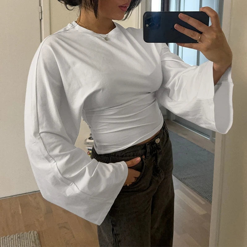 AIERTU - Casual Simple Long Sleeve Round Collar Solid Streetwear Women T-shirts Loose Early Autumn Basic Club Tops Clothing  Aiertu