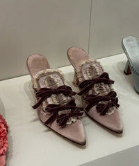 AIERTU  -  Elegant Retro Dusty Pink Satin Mule Heels Velvet Bow Ruffled Lace Detail Pointed Toe Open-Back Chunky Heel Pumps Daily Outfits Aiertu