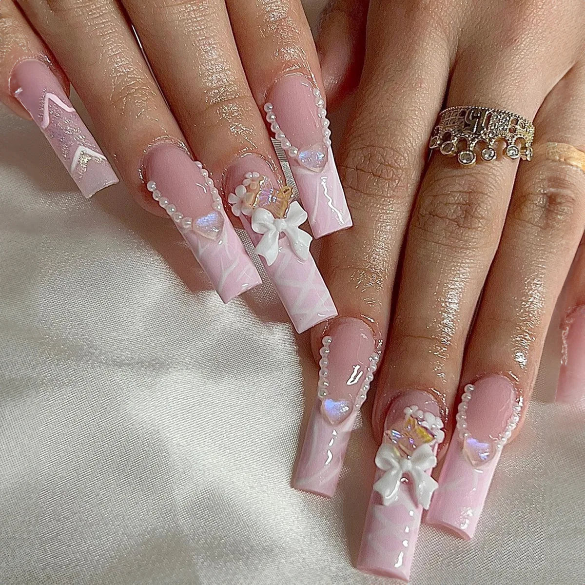 Aiertu 24Pcs Long Ballet False Nails with Bow Designs Pink Coffin Press on Nails Wearable French Fake Nail Full Cover Manicure Tips Aiertu