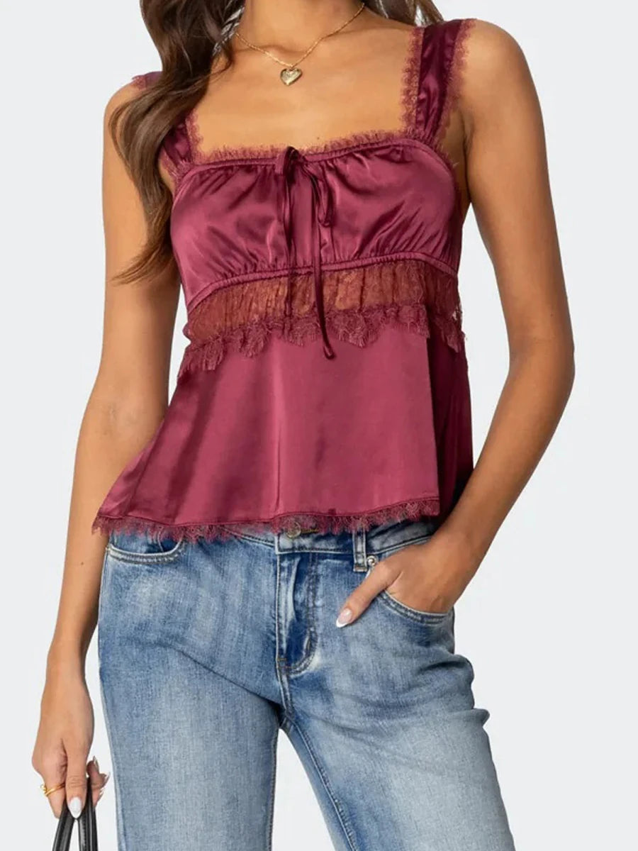 AIERTU  -  Summer Women Fairycore Camisole Babydoll Tank Tops Slim Lace Trim Square Neck Sleeveless Backless Crop Shirt 2000s Streetwear Aiertu