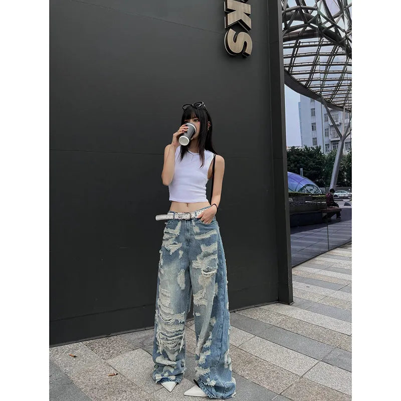Aiertu Women's Vintage Blue Ripped Jeans Baggy Denim Trousers 2000s High Waist Korean Y2k Streetwear Female Punk Wide Leg Pants Clothes Aiertu