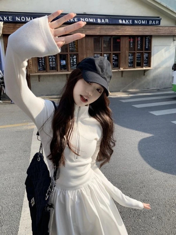 Aiertu 2024 Autumn Korean Style Zip White Dress Women Kpop Wrap Long Sleeve Long Dresses Streetwear Solid Simple Ladies Chic Aiertu