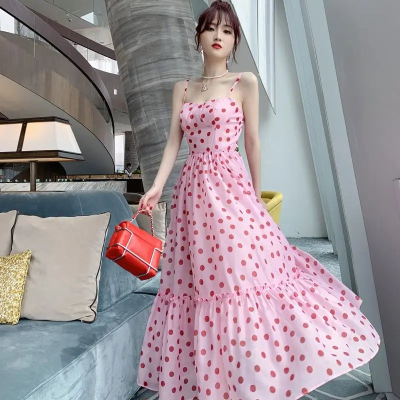 Aiertu Women Vintage Sexy Dot Dress Retro Party Dress Summer Sleeveless French Waist Up Sweet Fairy Big Swing Skirt Long Sundress Aiertu