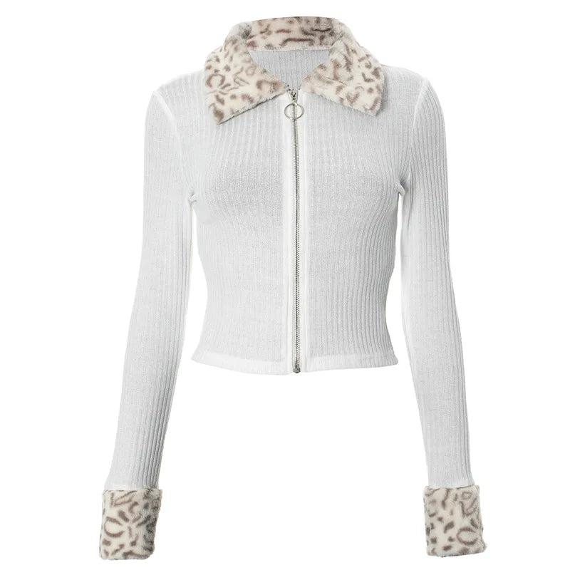 Leopard Cardigan Women Japanese Gyaru V-neck Long Sleeve Streetwear Slim Sexy Cardigan Sweater Y2k Vintage Top Autumn Aiertu