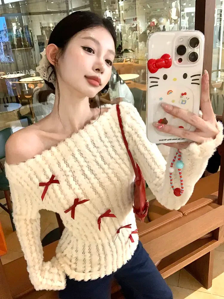 Aiertu Sweet Bow Knitted Pullover Women Off Shoulder Sexy Long Sleeve Sweaters Korean Style Kawaii Autumn Winter Pullovers Aiertu