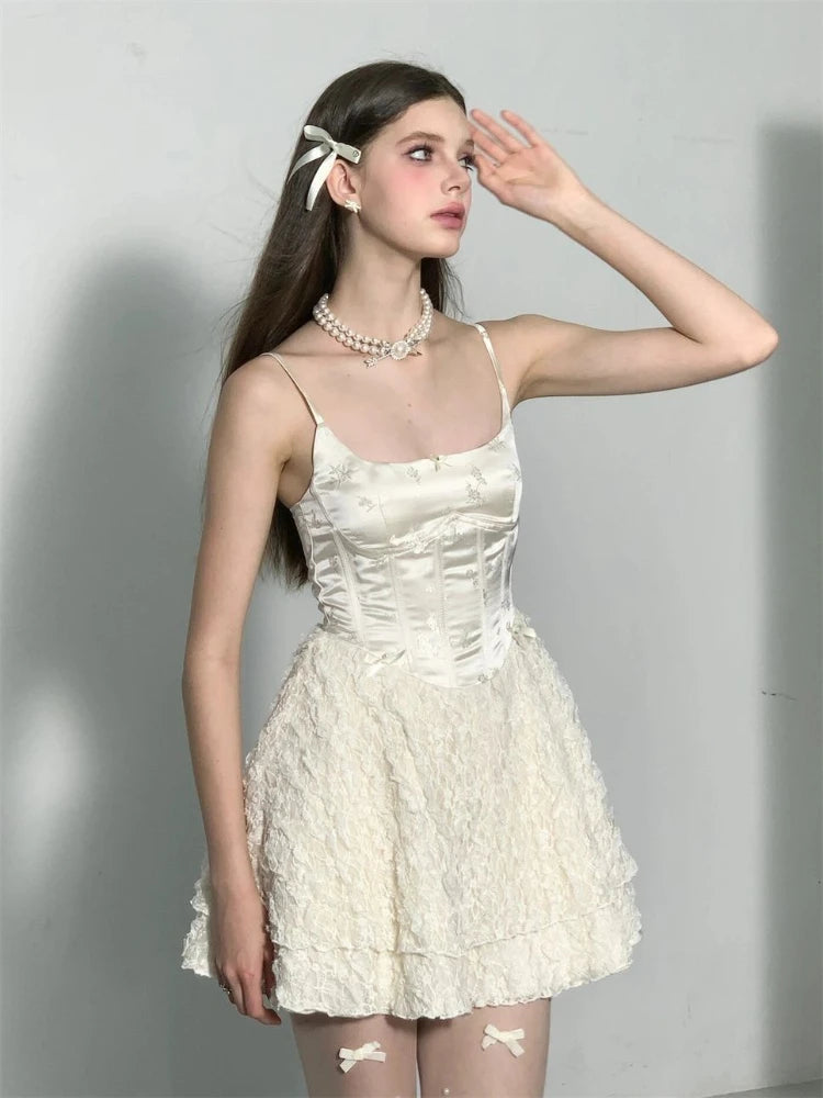 Aiertu Elegant Fairy Dress Women Summer High Waist White Lace Party Mini Dresses Spaghetti Strap Streetwear Korean Fashion Aiertu
