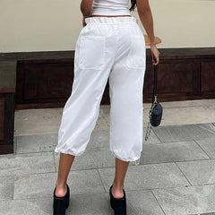 AIERTU  -  Street Style Casual Pure White Drawstring Calf-length Cargo Pants Ruched High Waist Fungus Edge Elastic Fashion Loose Pants Aiertu